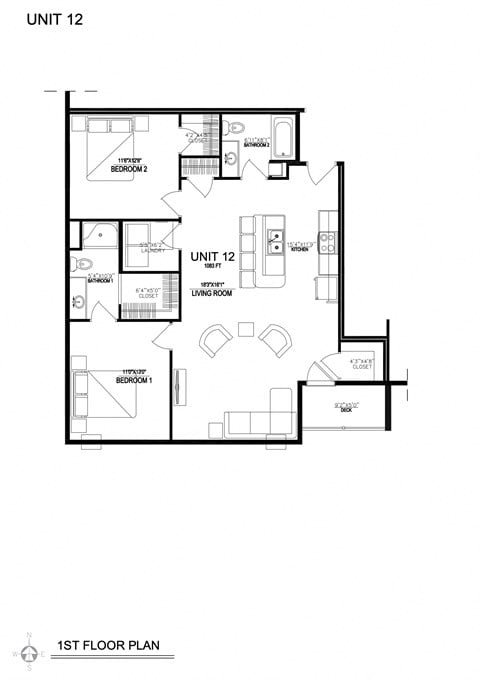Floor plan for 2 beds, 2 baths, 1083 sqft